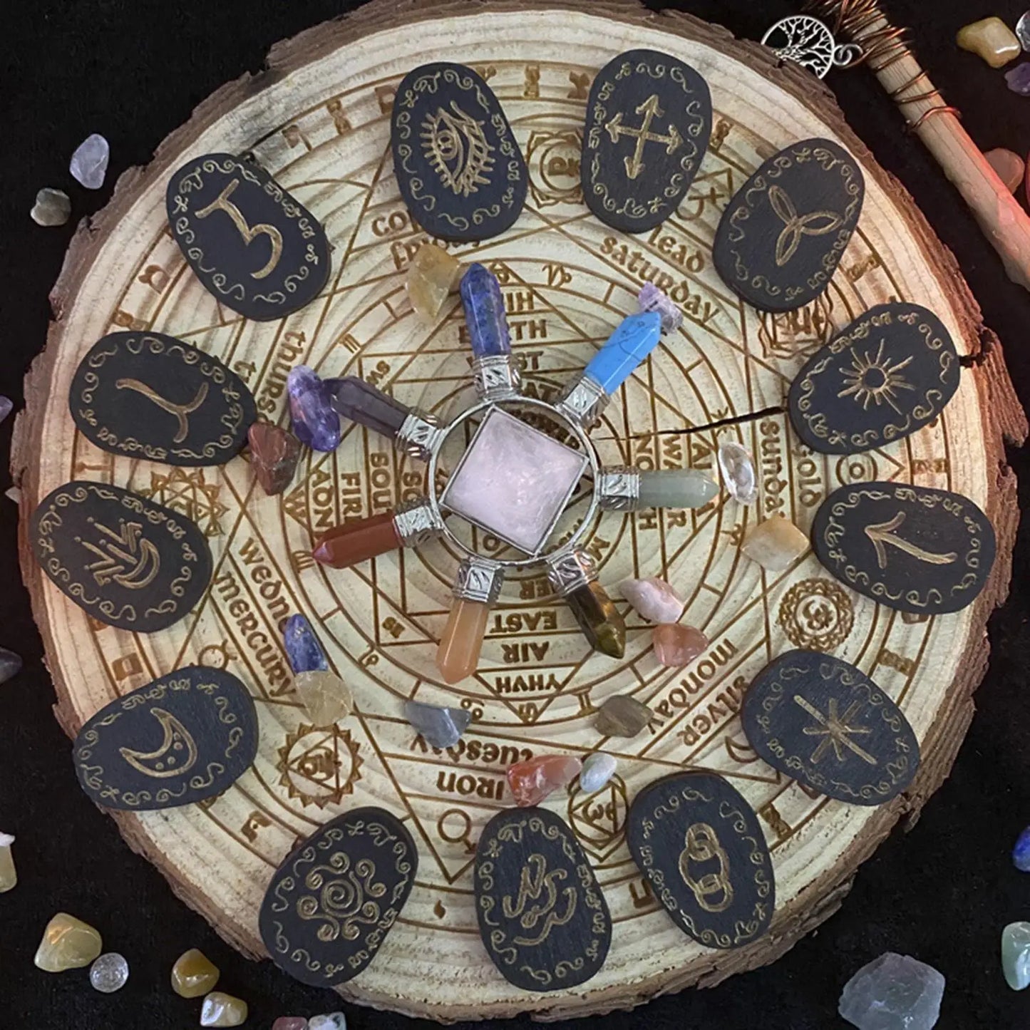 Juego de runas de piedras, juego de runas de brujas con bolsa de almacenamiento, meditación, adivinación, runas decorativas grabadas, libro de guía pagana de adivinación