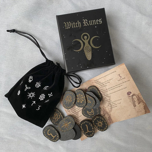 Juego de runas de piedras, juego de runas de brujas con bolsa de almacenamiento, meditación, adivinación, runas decorativas grabadas, libro de guía pagana de adivinación