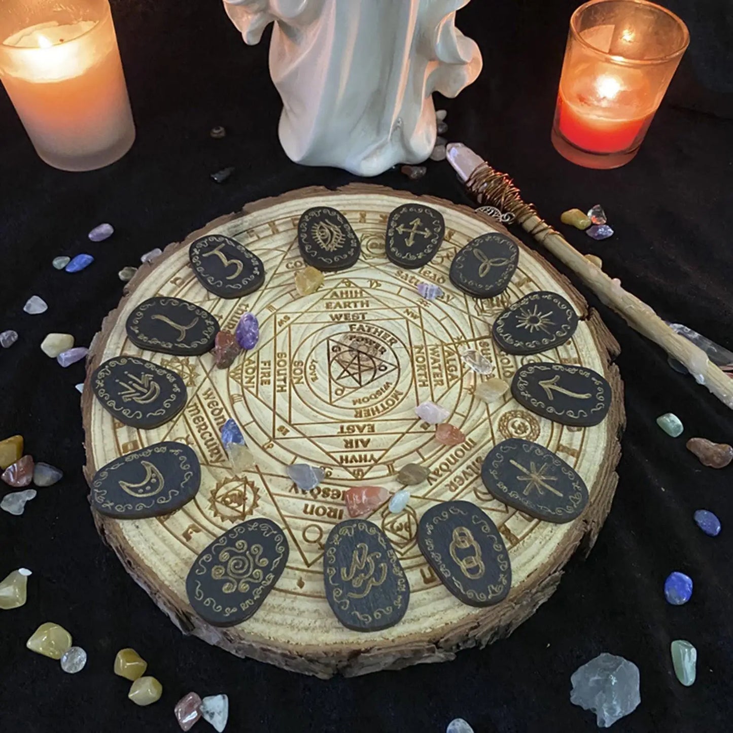 Juego de runas de piedras, juego de runas de brujas con bolsa de almacenamiento, meditación, adivinación, runas decorativas grabadas, libro de guía pagana de adivinación