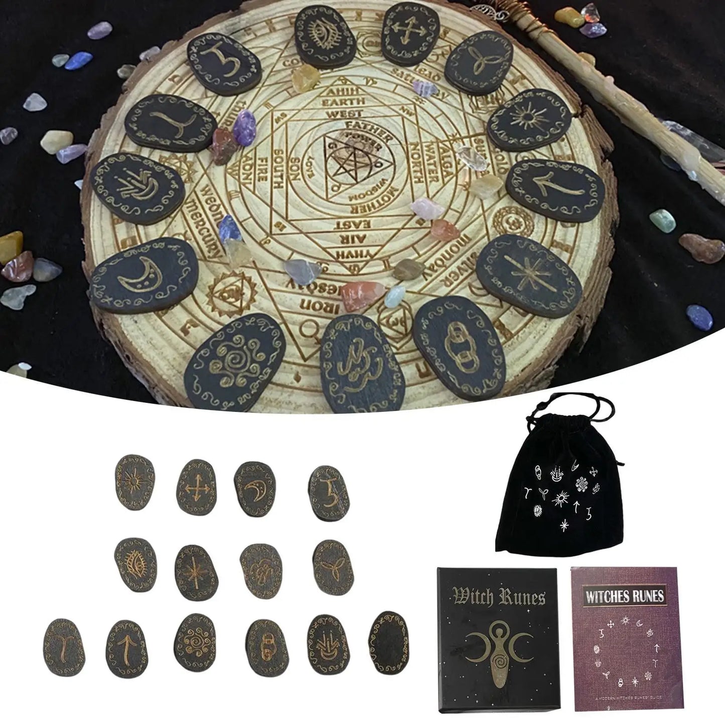 Juego de runas de piedras, juego de runas de brujas con bolsa de almacenamiento, meditación, adivinación, runas decorativas grabadas, libro de guía pagana de adivinación