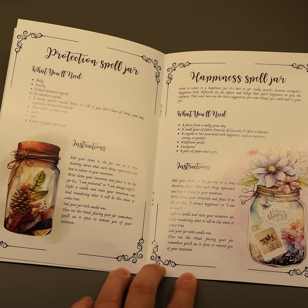 Tarros de hechizo secreto, páginas de Grimoire, tarro de hechizo, recetas, libro de sombras, tarro de brujería, rituales, juego de cartas de hechizo de bruja pagana, 16 páginas